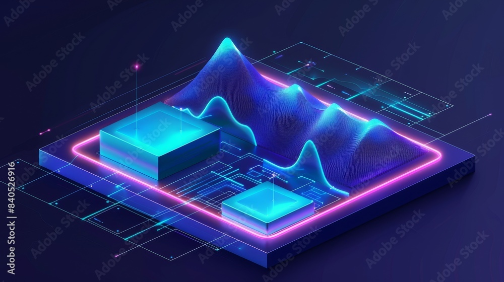 Poster a modern isometric 3d grid surface with glowing dots and particles. big data visualization. abstract