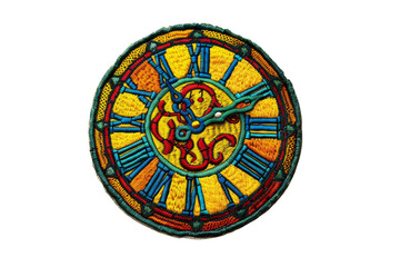 Brightly colored stained glass clock face with intricate details and Roman numerals, isolated on transparent background.