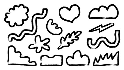 Charcoal doodle objects and hand-drawn shapes collection. Hand-drawn abstract scribbles crayon. Doodle charcoal geometric collage irregularly creative various shapes. Texture.