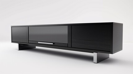 Sleek black modern TV console with clean lines and minimalist design, perfect for contemporary living spaces and home entertainment centers.