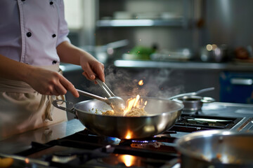 Chef cooking with flames in a professional kitchen.