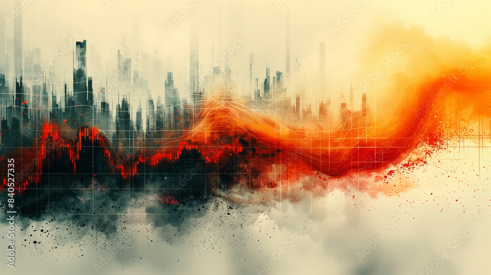 Wall mural A cityscape with a red and orange line that is flowing through it