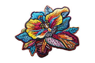 Naklejka premium Colorful embroidered flower patch with intricate details and vibrant hues, perfect for fashion, DIY projects, and textile embellishments.