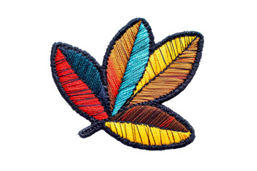 Colorful embroidered leaf patch with red, blue, yellow, and brown thread detailing, perfect for crafts, sewing, and design projects.