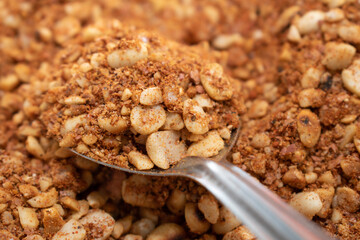 Groundnut Chutney, peanut masala powder in spoon and bowl