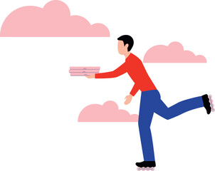 The boy is running for pizza delivery.