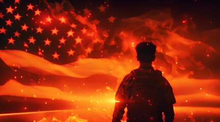 Back view of soldier silhouette with flowing American flag on background and glowing fiery sparks representing sacrifice in war