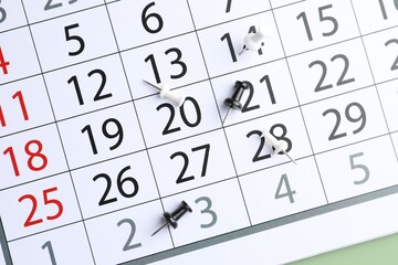 Timetable. Calendar and drawing pins on green background, top view