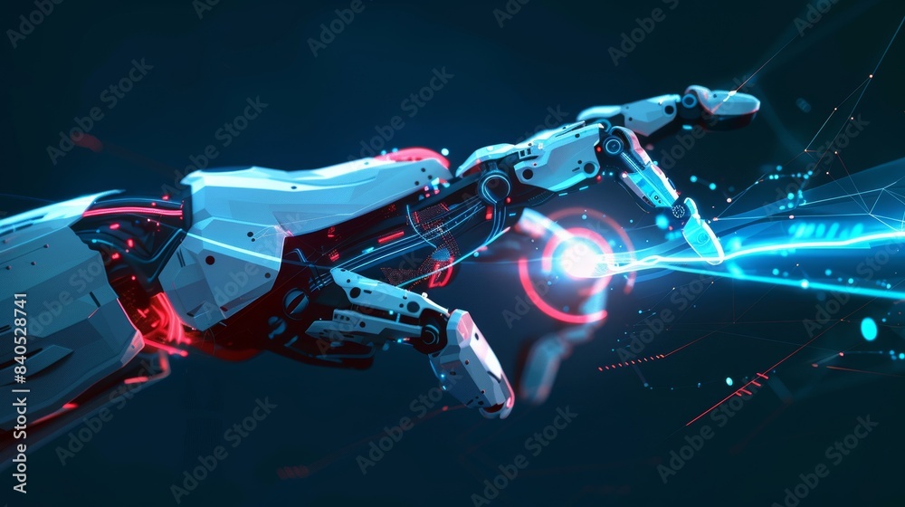 Poster a robot mechanical arm presses the index finger on the button to activate a virtual holographic inte