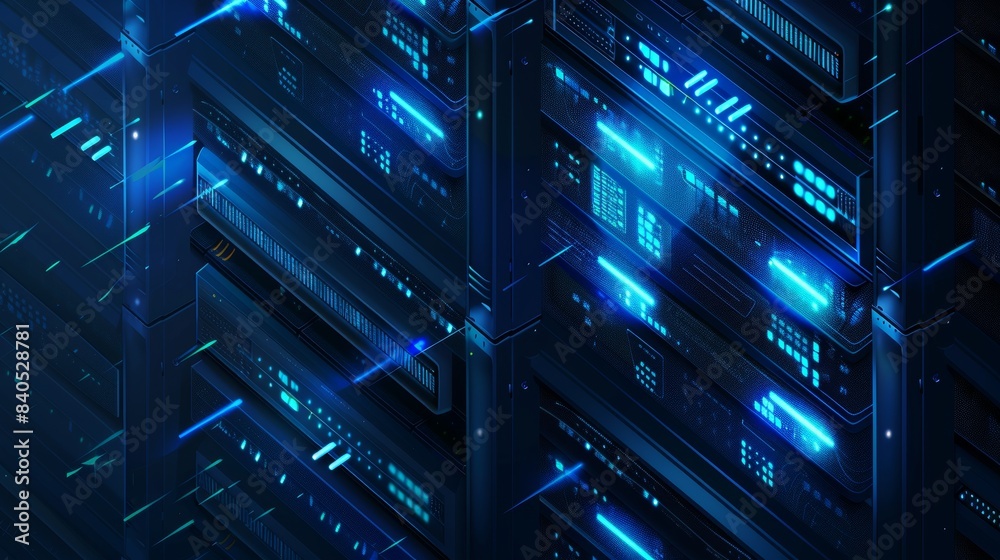 Poster in blue, big data is being processed by the latest computer in an isometric view. cloud database, se