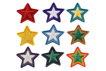 Colorful embroidered star patches in various colors and designs arranged neatly in a grid on a transparent background.