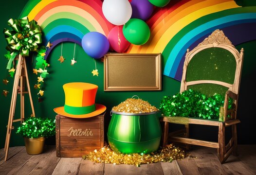 whimsical leprechaun booth rainbow pot gold props festive events, themed, decorations, fun, celebration, green, clover, coins, irish, fantasy, magical