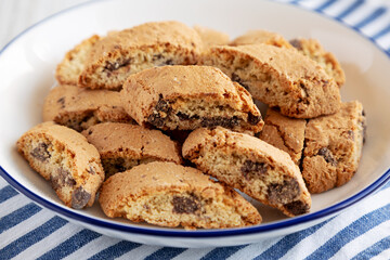 Chocolate Cantuccini on a Plate, side view. Close-up.