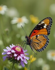 Naklejka premium A close-up of a colorful butterfly perched on a wildflower in a lush meadow, with soft focus on the background