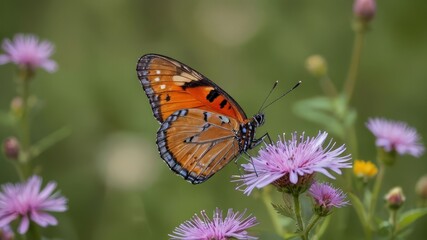 Obraz premium A close-up of a colorful butterfly perched on a wildflower in a lush meadow, with soft focus on the background