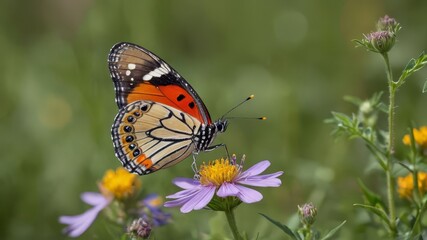Naklejka premium A close-up of a colorful butterfly perched on a wildflower in a lush meadow, with soft focus on the background