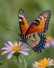 A close-up of a colorful butterfly perched on a wildflower in a lush meadow, with soft focus on the background