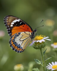 Fototapeta premium A close-up of a colorful butterfly perched on a wildflower in a lush meadow, with soft focus on the background
