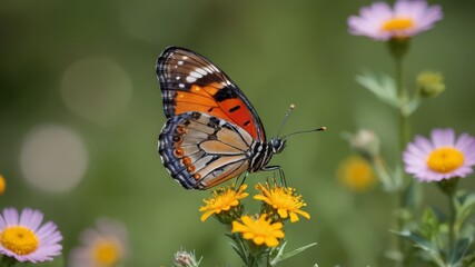 Naklejka premium A close-up of a colorful butterfly perched on a wildflower in a lush meadow, with soft focus on the background