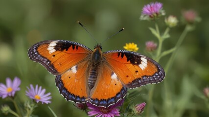 A close-up of a colorful butterfly perched on a wildflower in a lush meadow, with soft focus on the background
