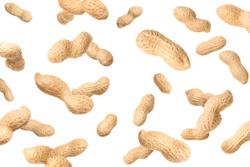 Unpeeled peanuts in air on white background