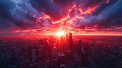 Fototapeta premium A breathtaking drone shot of Morgansovkas cityscape at sunset, showcasing the city bathed in a fiery crimson glow
