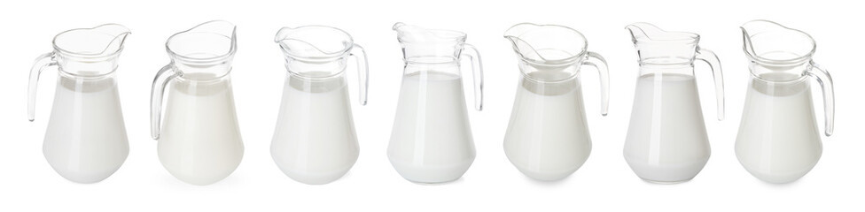Fresh milk in jug isolated on white, set