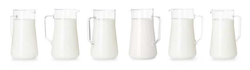 Fresh milk in jug isolated on white, set
