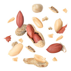 Peanuts and crushed pod in air on white background