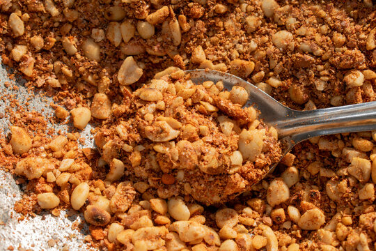 Groundnut Chutney, peanut masala powder in spoon and bowl