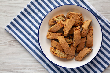 Chocolate Cantuccini on a Plate, top view. Flat lay, overhead.