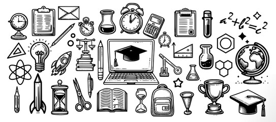 doodle back to school line icons (solid fill). vector hand drawn line art with school supplies. elements for creative and genius works collection. 