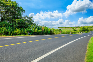 Fototapeta premium Country road and green forest with sky clouds nature landscape in summer