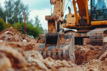 Fototapeta premium Close-up of excavator at construction site. Backhoe digging soil for earthwork and construction business. Excavating machine at work. Heavy machinery for earth moving and construction site development