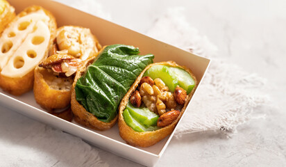 Fried Tofu Rice Balls topped with various vegetables