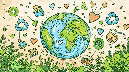Doodle Earth with Hearts Promoting Love and Sustainability