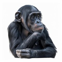 Naklejka premium Close-up portrait of a contemplative chimpanzee with a thoughtful expression on a white background.