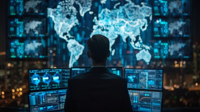 A cybersecurity expert monitors network activity in a city at night, his view overlooking a cityscape