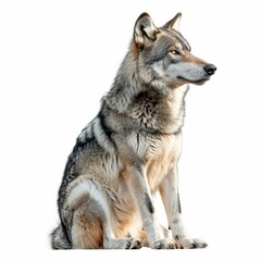 Obraz premium Majestic gray wolf sitting attentively, showcasing its powerful presence and striking fur against a white background.