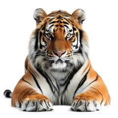 Majestic tiger with piercing eyes, captured in a poised stance on a white background, showcasing its striking orange and black stripes.