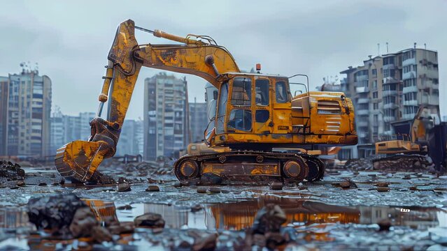 Excavator working on a construction site. Backhoe digs the ground for the foundation of a new building