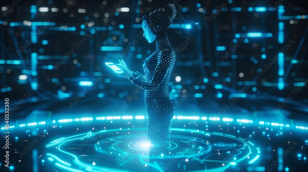 Poster a robot woman using artificial intelligence to analyze data on a transparent computer touch screen. 