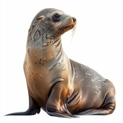 Naklejka premium A close-up photo of a lone sea lion sitting against a white background, showcasing its smooth fur and natural details.