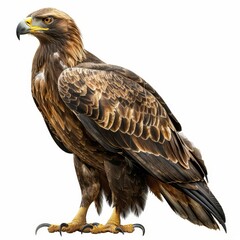 Obraz premium A majestic golden eagle with intricate feather patterns and sharp talons, standing proudly against a white background.