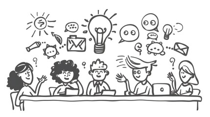 Diverse business team discussing strategies and brainstorming ideas around a table in a doodle line