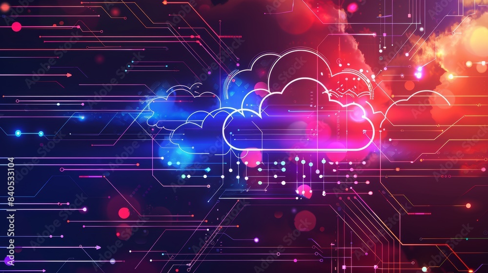 Poster iot devices communication cloud storage. background in computer technology. connection to digital da