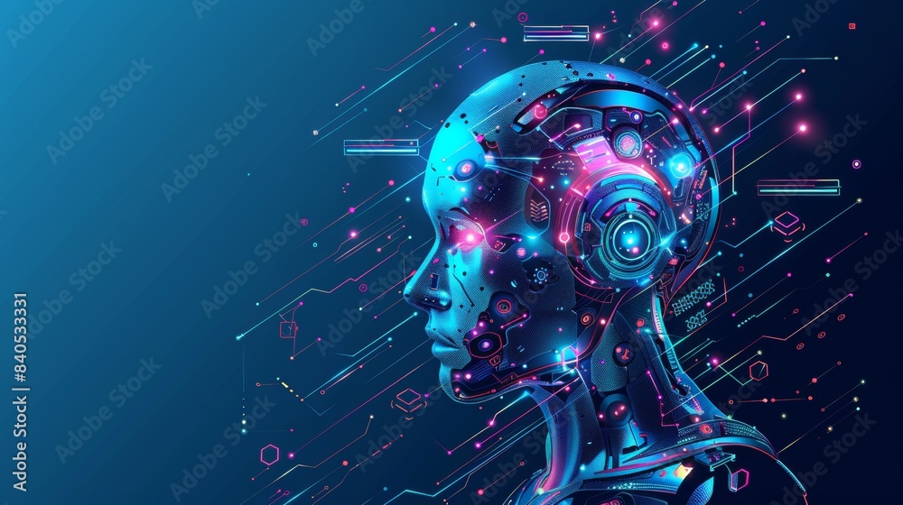 Poster the future of chat bot technology. artificial intelligence isometric robot head on computer electron