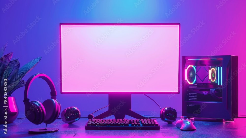 Poster stylish gaming desktop computer with neon led light in the front. mock up of an empty screen of gami