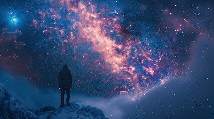 Obraz premium A single figure stands on a snow-covered mountaintop, looking up at a vibrant night sky filled with stars and a swirling nebula