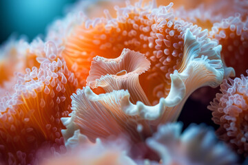 Macro shot focusing on the abstract patterns and textures of pink coral-like sea anemones